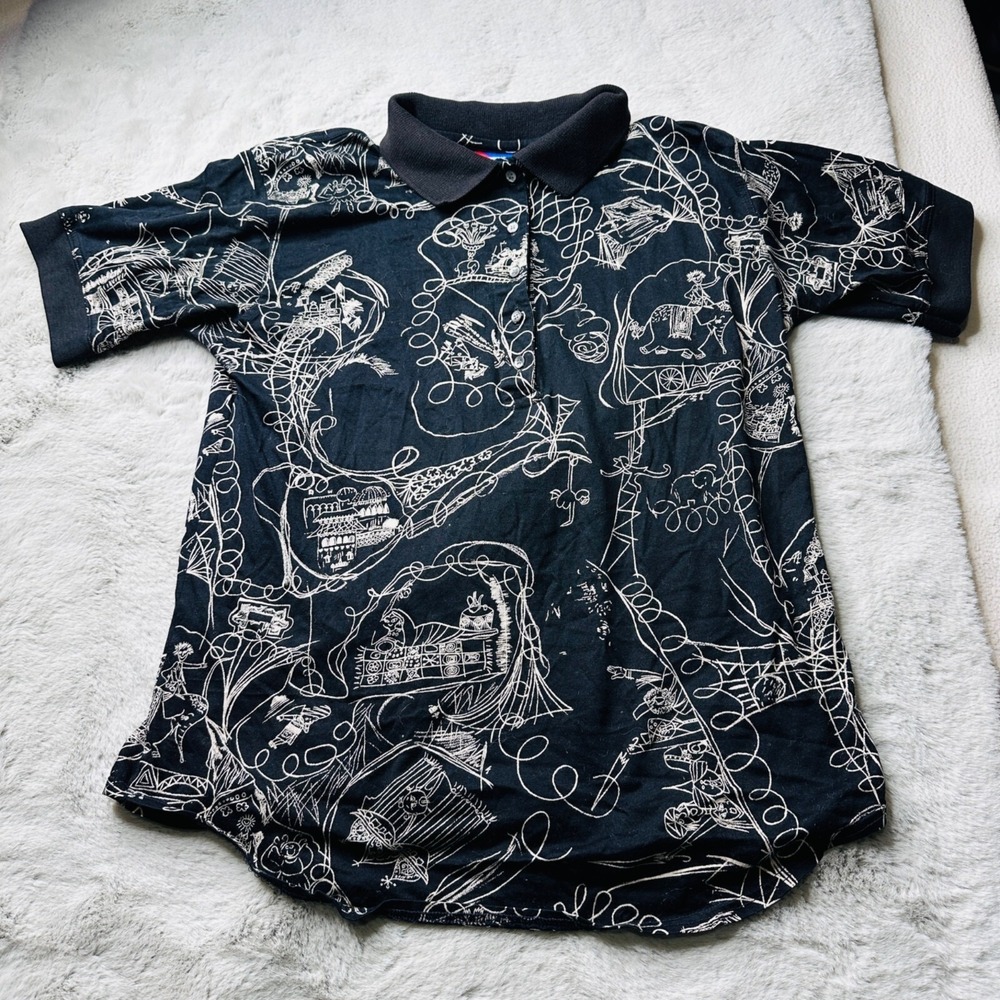 Vintage Tail‎ Polo Shirt Women Medium Made USA Graphic Doodle Print Golf Tennis